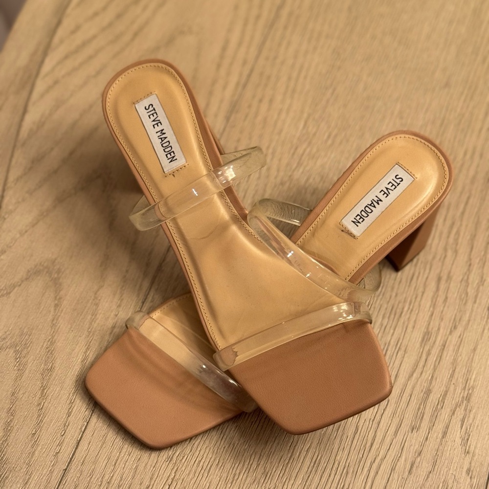 Steve Madden Clear and Tan Block Heels